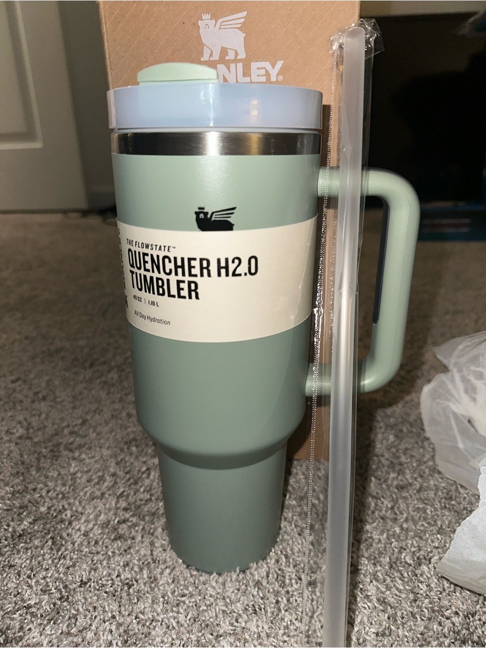 Stanley Quencher H2.0 Tumbler - Sage Green with Light Blue Lid - Picture 1 of 6